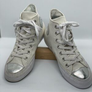 Women’s Size 6 White / Silver Sparkly Metallic Converse Hightops